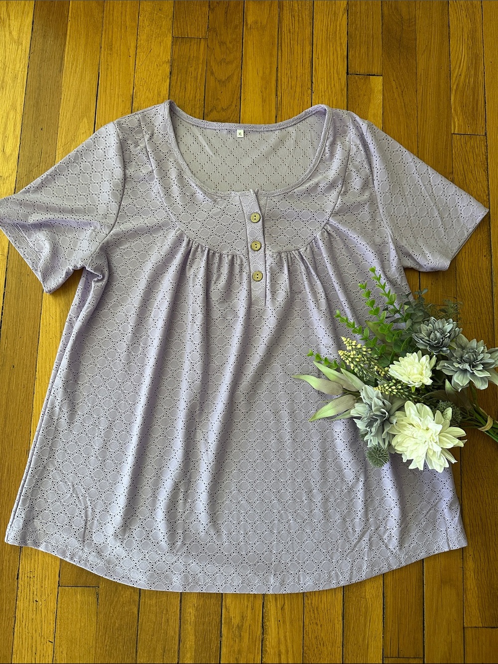 Roaman's Lavender Eyelet Short Sleeve Scoop Neck Top with Buttons